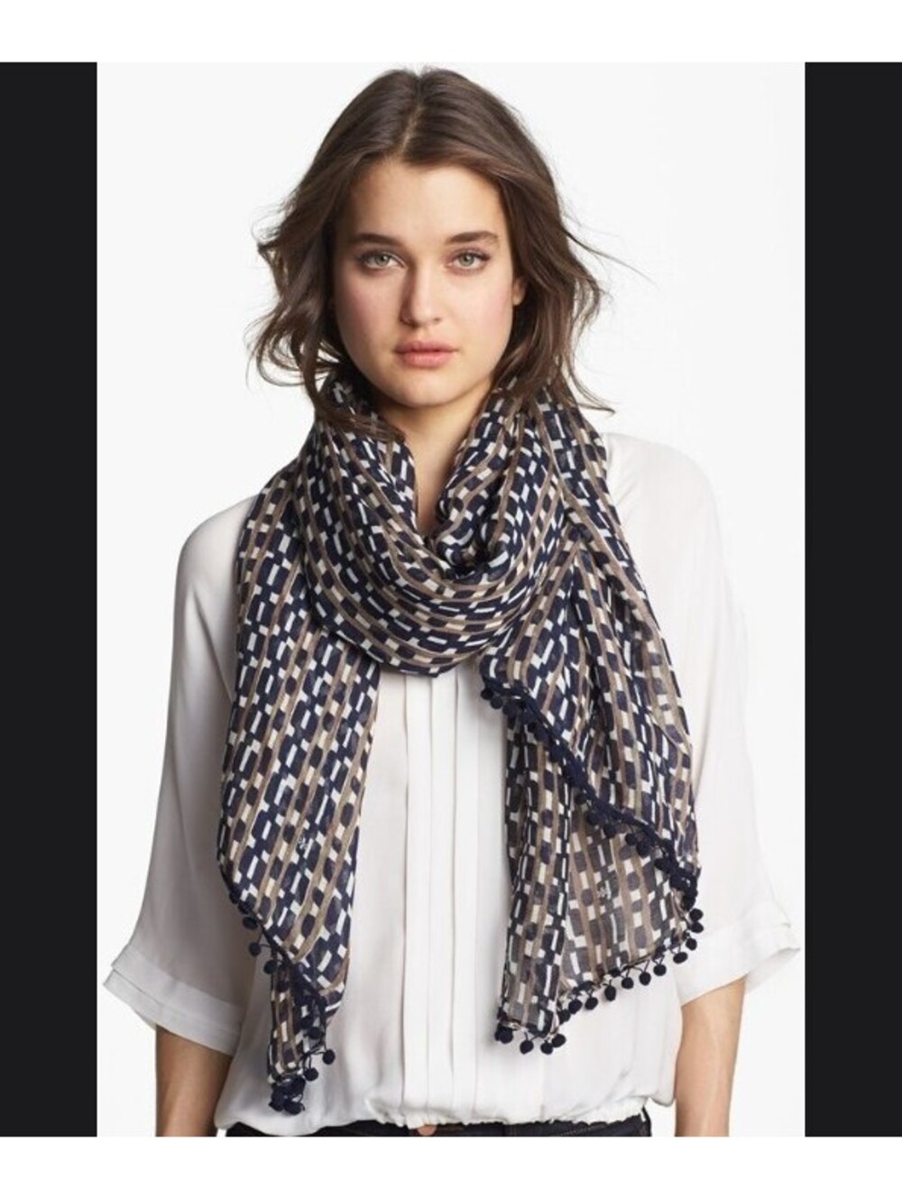 Tory Burch Painted Links Scarf Navy Tan Geometric Logo Pom Pom Linen Blend